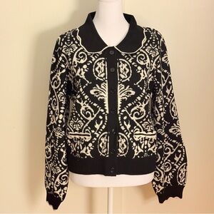 Black and White Patterned Collared Wool Cardigan